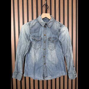 Madewell Jean Shirt XS Womens Blue Button Snap Long Sleeve Western Acid Wash